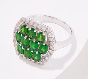 Affinity Gems Exotic Chrome Diopside & White Zircon Oval Cluster Sterling Silver Ring Size 7