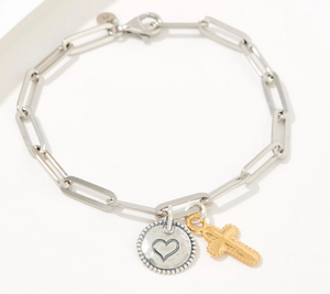Or Paz Sterling Silver Paperclip Chain Gold-Clad Cross Charm Bracelet Avg