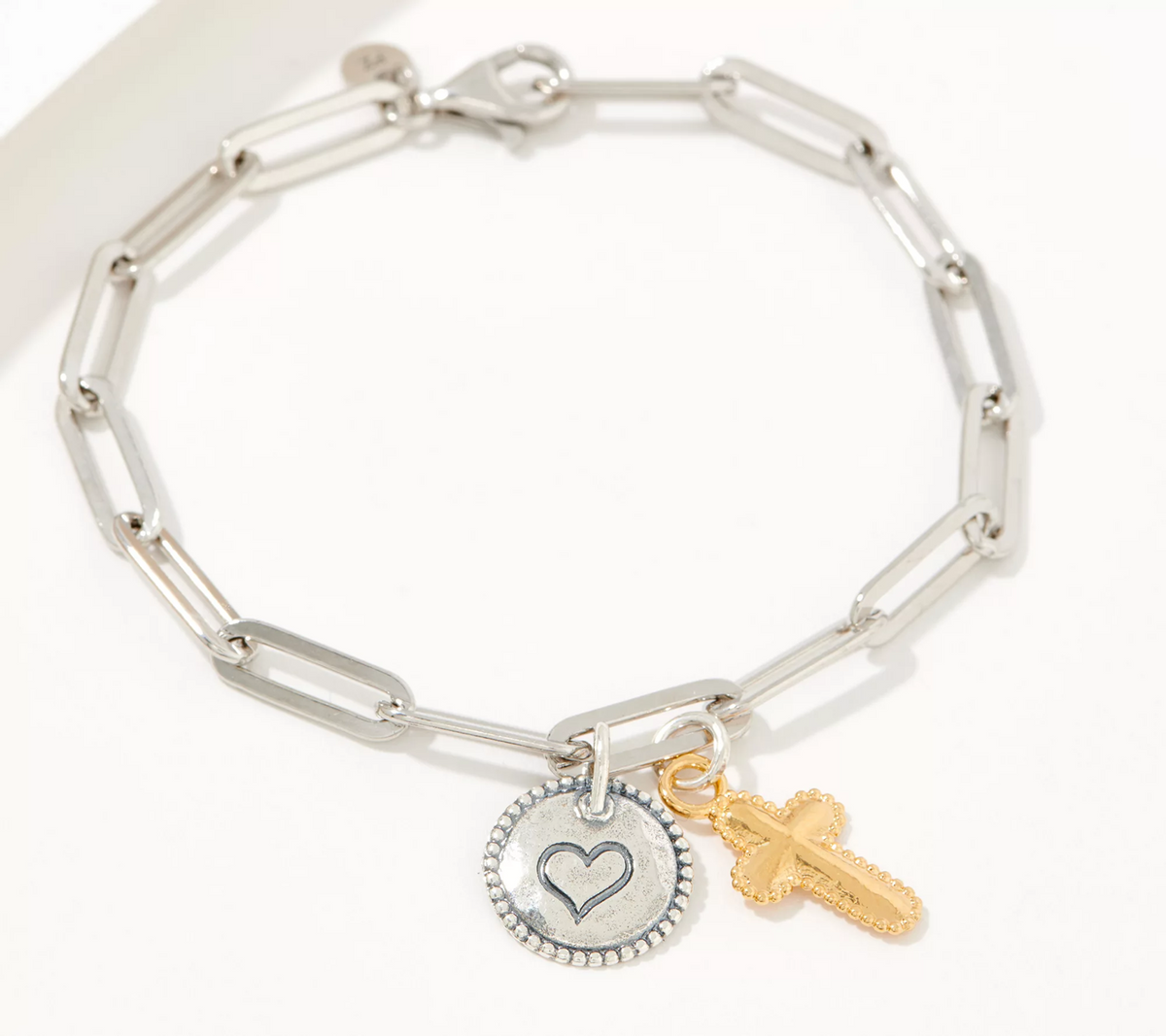 Or Paz Sterling Silver Paperclip Chain Gold-Clad Cross Charm Bracelet Avg