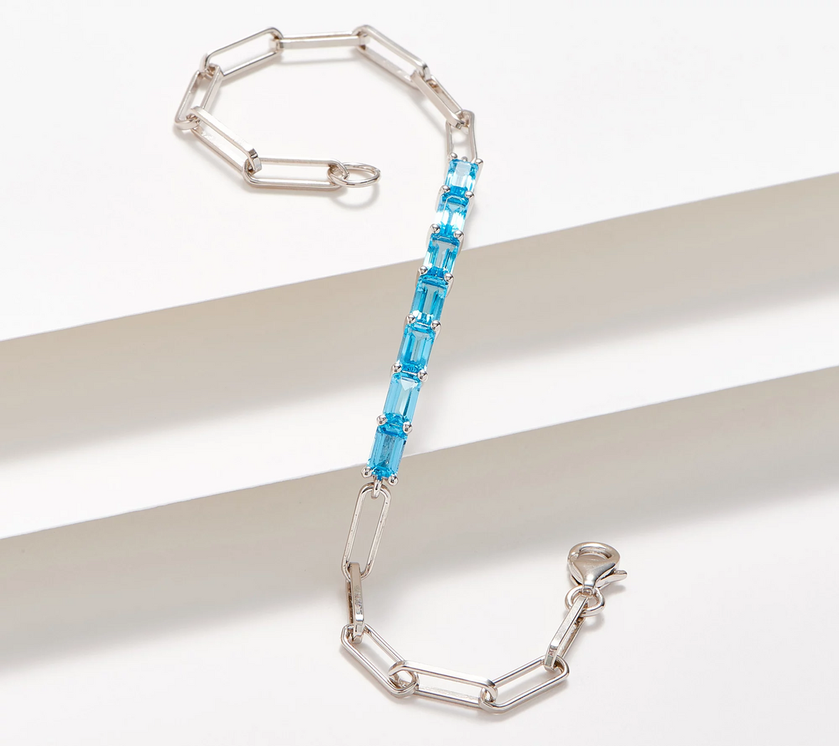 Affinity Gems  Sterling Silver Blue Topaz Gemstone Paper Clip Link Bracelet Size 7-1/4"