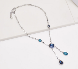 Susan Graver Silver Tone Blue Stone & Crystal Drop Necklace