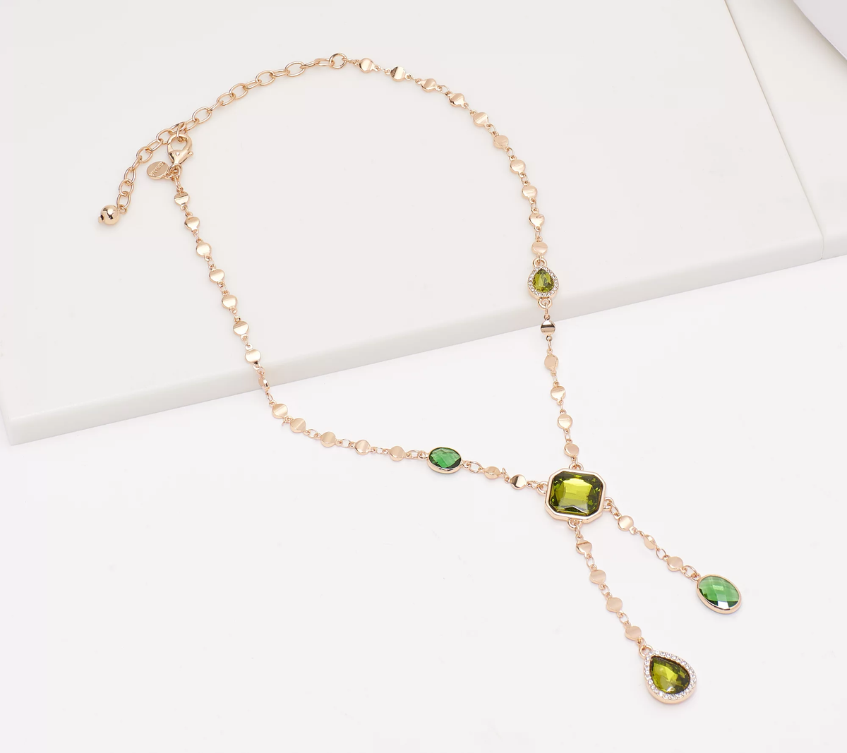 Susan Graver Stone & Crystal Champagne & Olive Drop Gold Tone Necklace