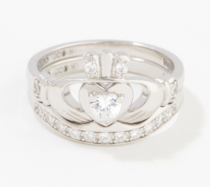 Fado Sterling Silver Claddagh and Band Ring Set, Size 9