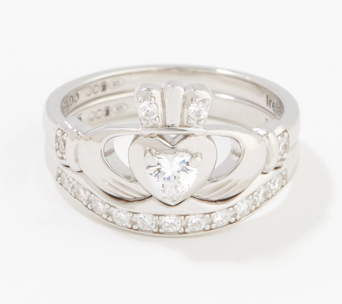 Fado Sterling Silver Claddagh and Band Ring Set, Size 9