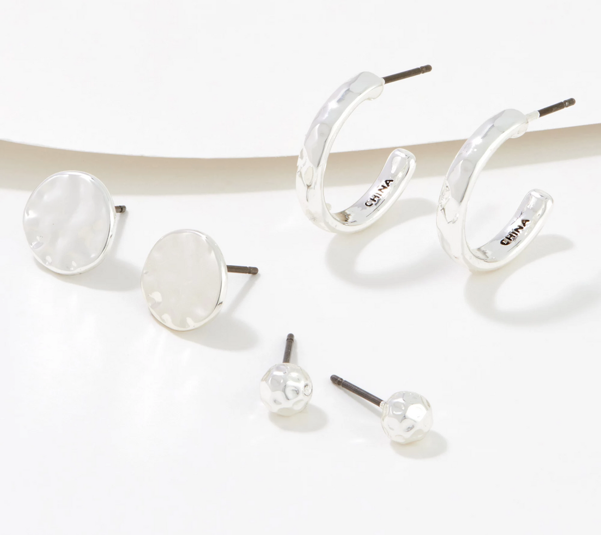 Denim & Co. Hammered Metallics Silver Tone Earring Set