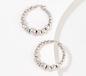 Italian Silver Silver Graduated Diamond Cut Beaded Hoop Earrings