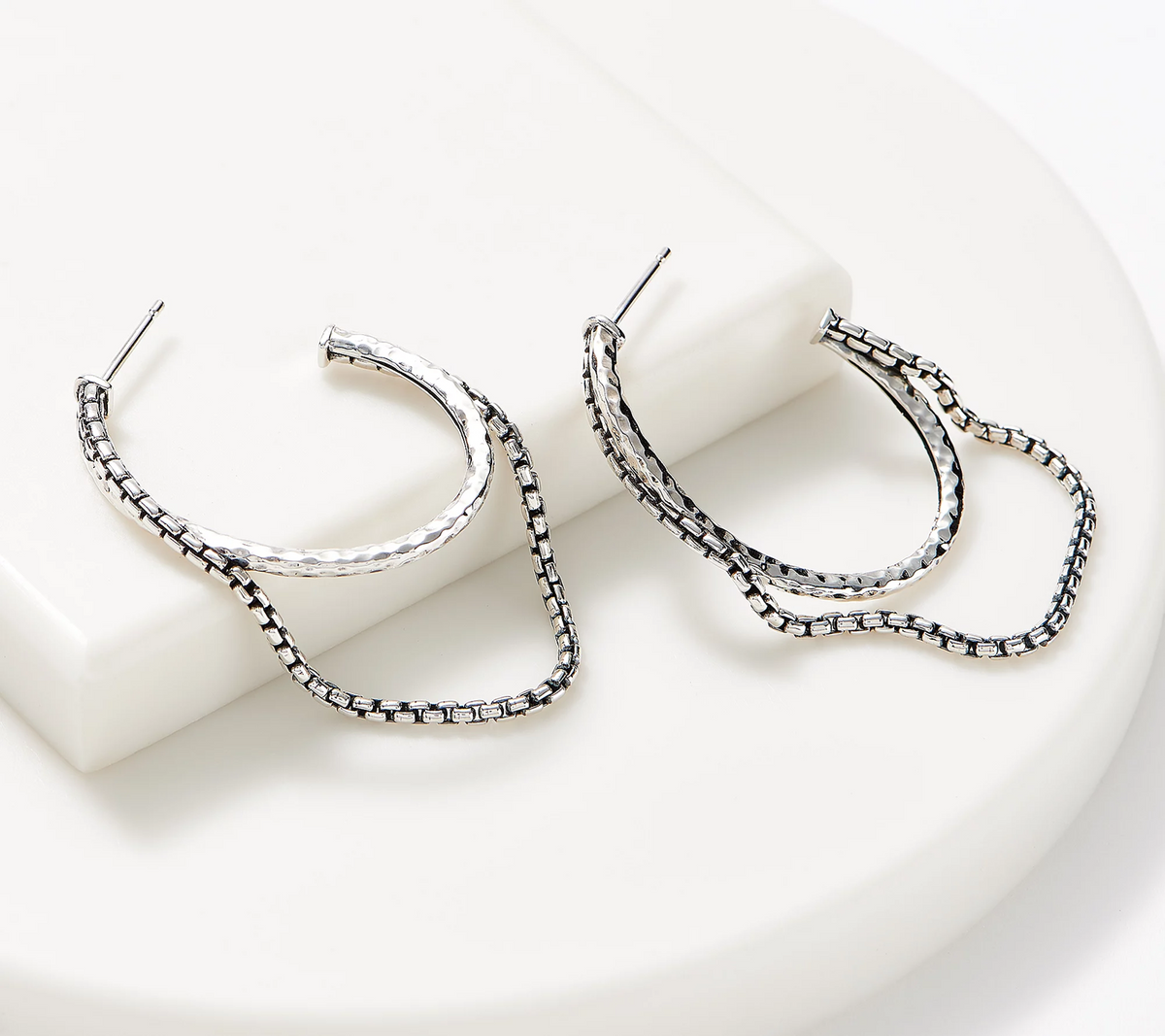 JAI Sterling Silver 2" Hammered Box Chain Hoop Earrings