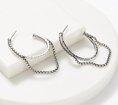 JAI Sterling Silver 2" Hammered Box Chain Hoop Earrings