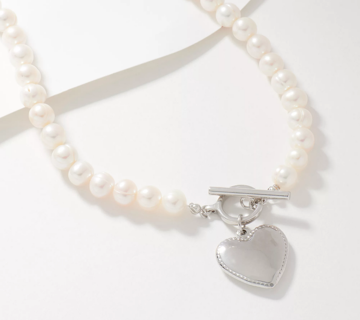 Affinity Cultured Pearl Toggle Necklace w/ Heart Charm, Sterling Silver