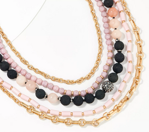 Susan Graver Multi-Strand Light Rose/Black Bead & Chain Gold Tone Necklace