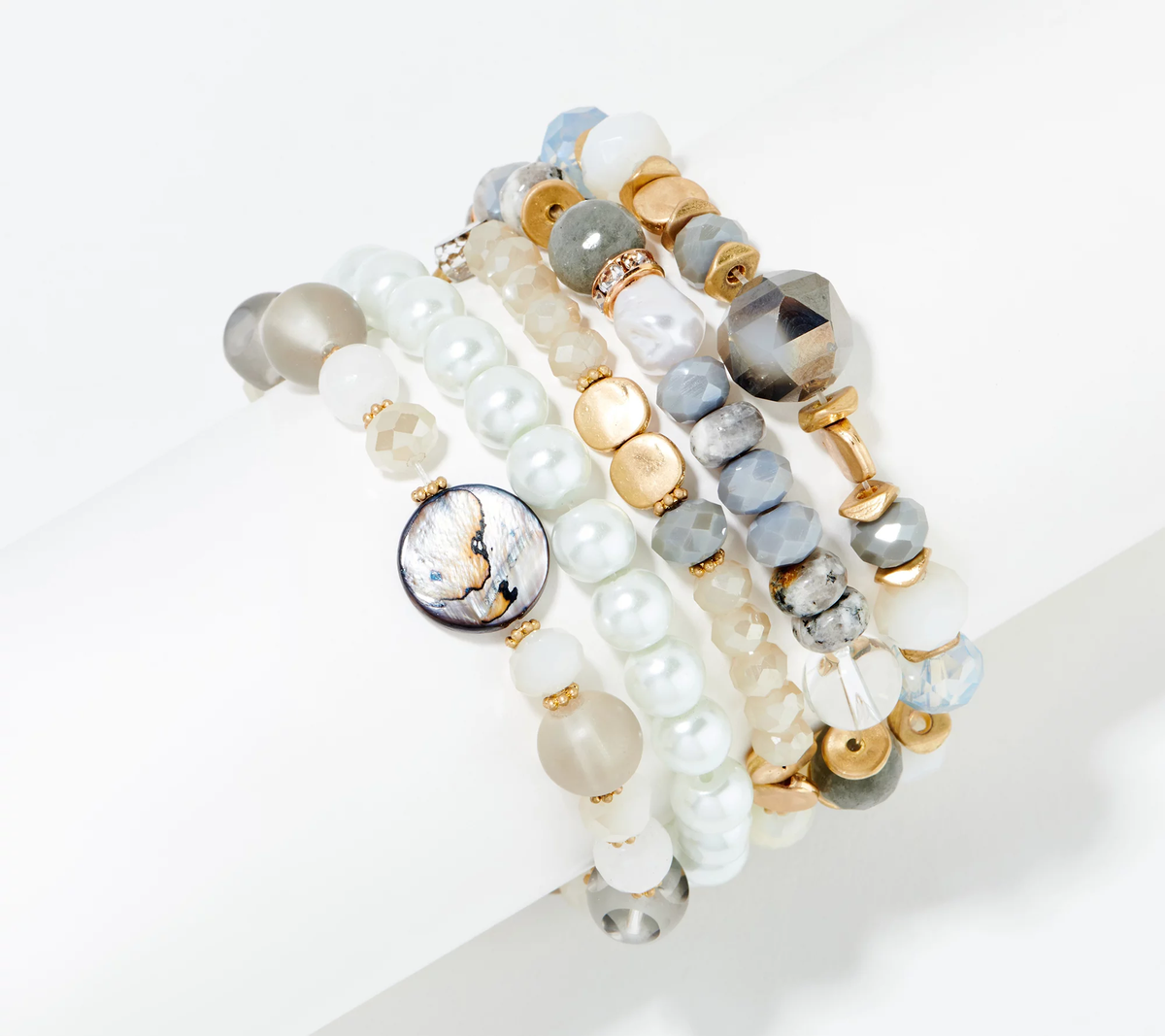 Susan Graver Set of 5 Cream Simulated Pearl & Bead Bracelets