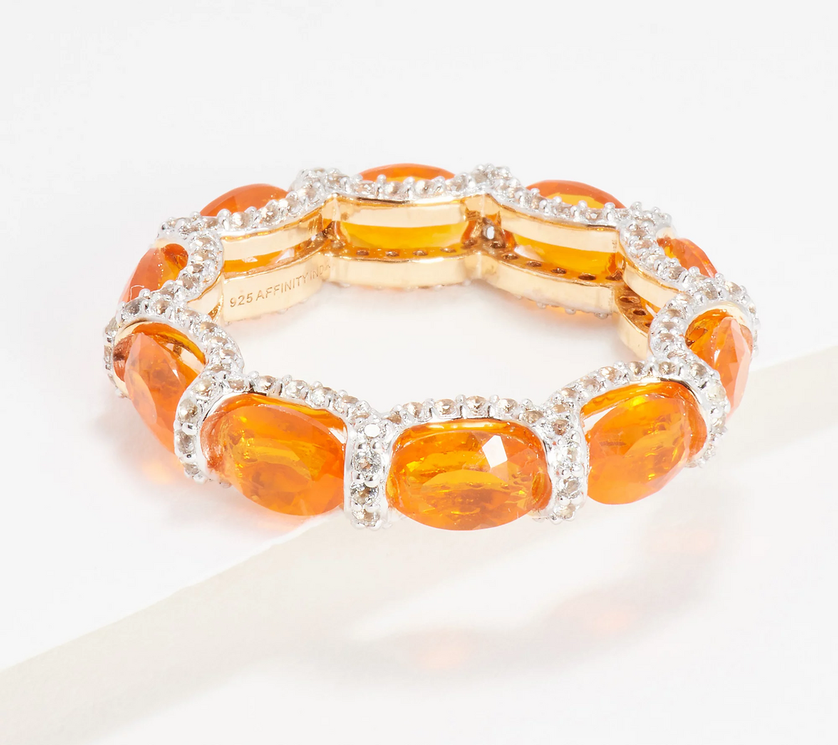 Affinity Gems Gold-Over SS Oval Fire Opal Gemstone & White Topaz Band Ring Size 9