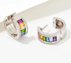 Affinity Gems Platinum-Clad Sterling Silver Baguette Multi Gemstone and White Zircon Huggies