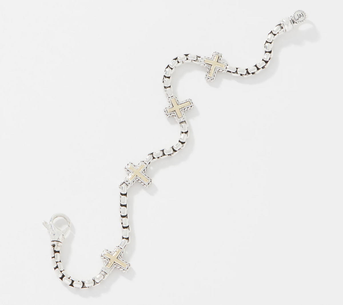 JAI Sterling Silver & 14K Cross Symbols Box Chain Bracelet, 8"