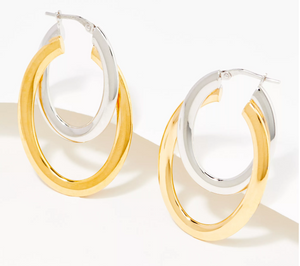 Italian Silver Sterling Two-tone Shiny Double Oval Hoop Earrings. 1"