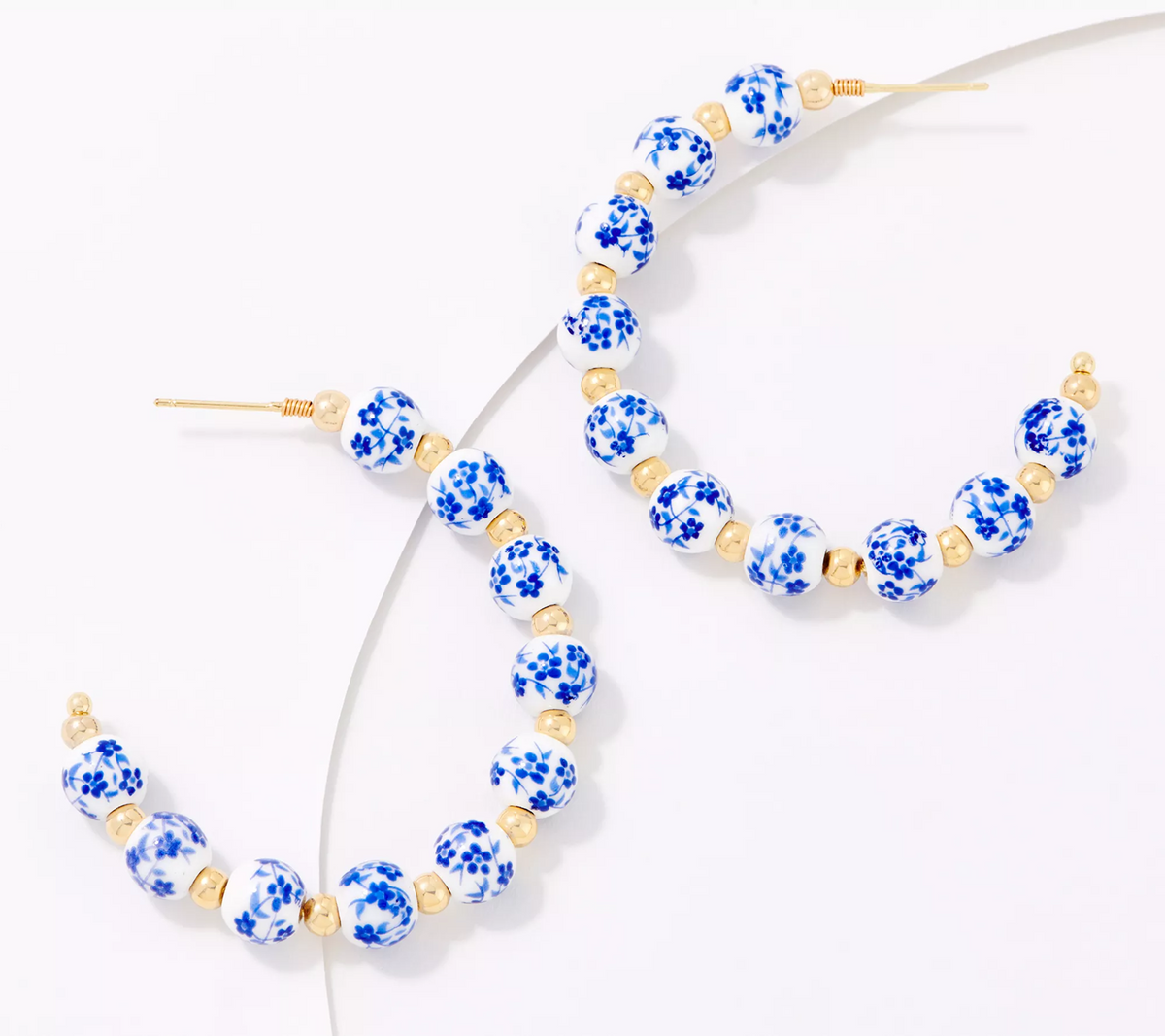 True Lovelies Floral Printed Ceramic Bead Blue/Yellow Hoop Earrings
