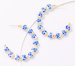 True Lovelies Floral Printed Ceramic Bead Blue/Yellow Hoop Earrings