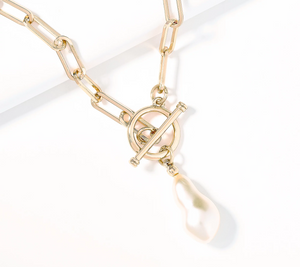 Joan Rivers Paperclip Chain Toggle Goldrtone Necklace with Simulated Pearl Drop