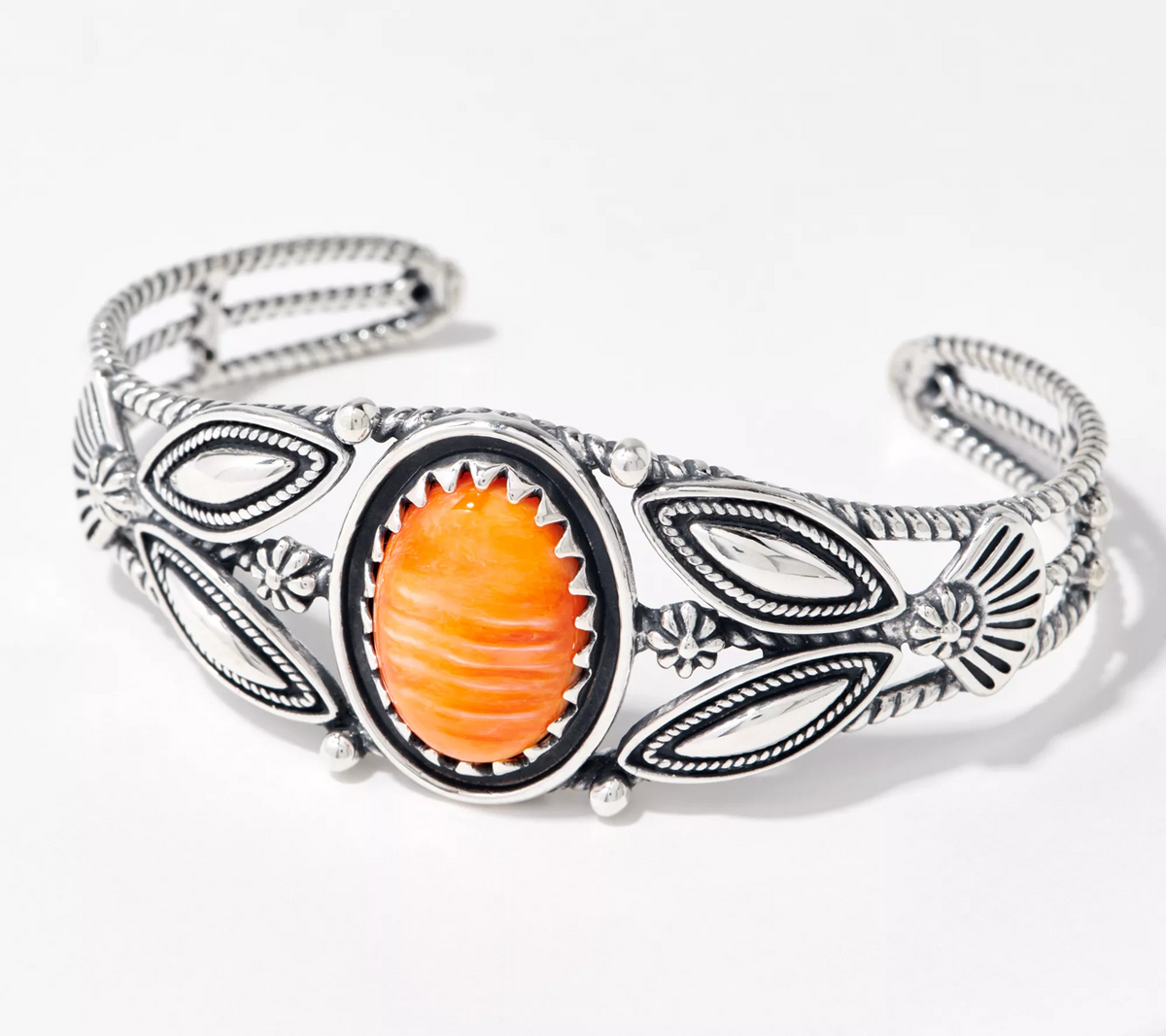 American West Sterling Silver Oval Orange Spiny Gemstone Thunderbird Cuff, Avg