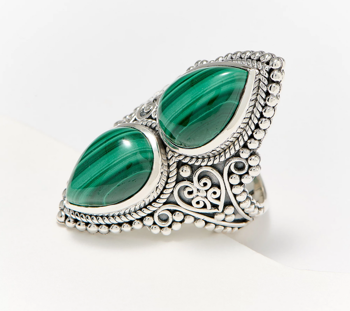 Artisan Crafted Sterling Silver Elongated Malachite Gemstone Ring Size 6