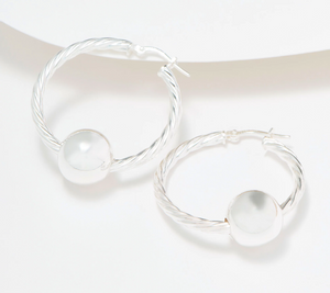 UltraFine 950 Silver Twisted Hoop Earrings w/ Removable Bead. 1-1/4"
