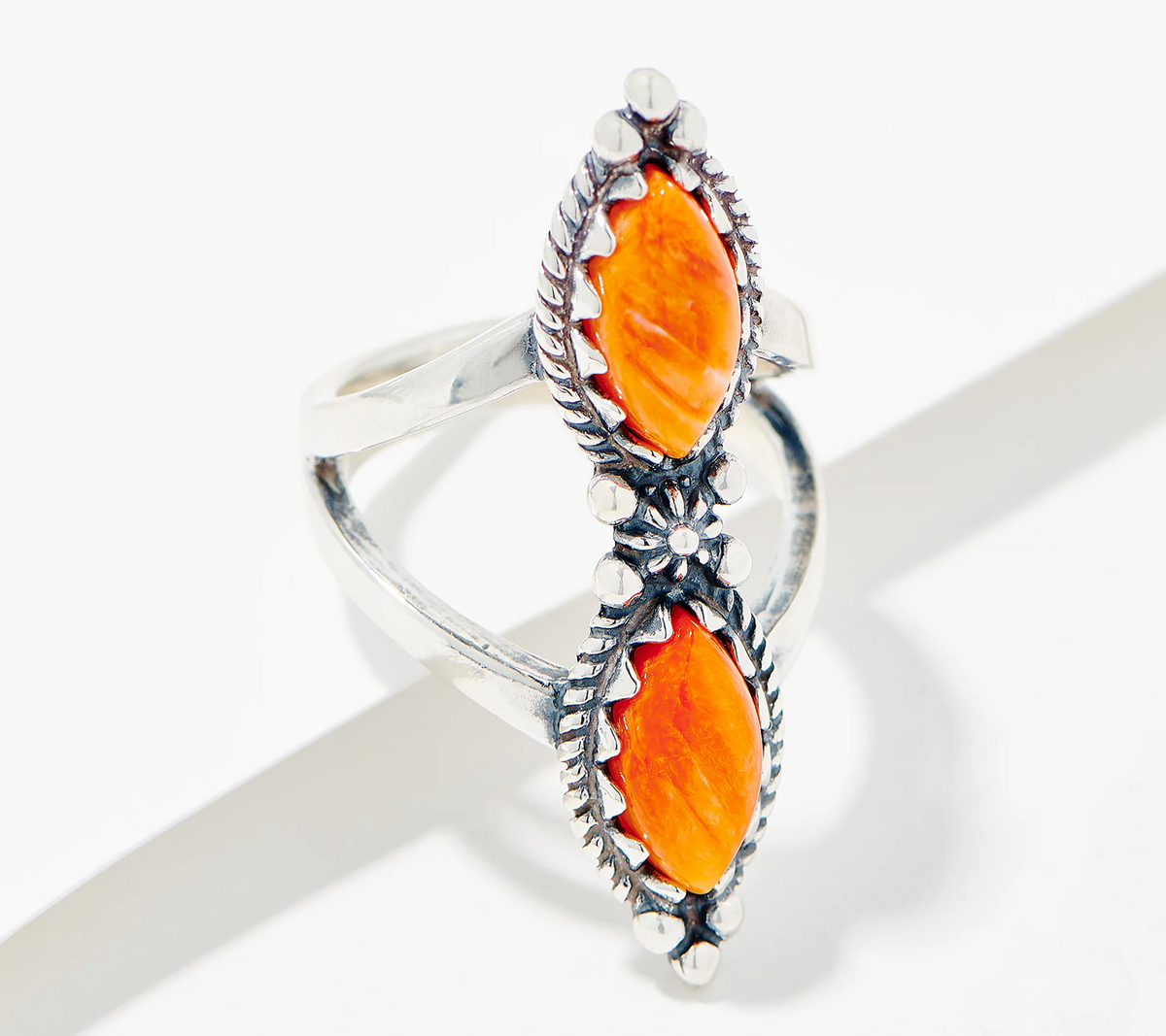 American West Double Orange Spiny Gemstone Split Shank Sterling Silver Ring, Size 10