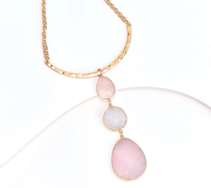 Susan Graver Semi-Precious Three Drop Necklace, GoldTone, Light Rose
