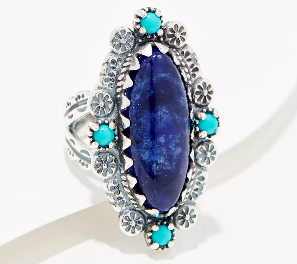 American West Sterling Sodalite Oval Gemstone Flower Ring Size 11