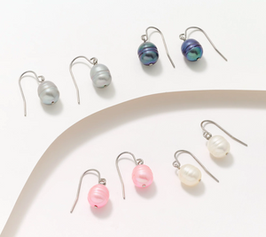 Honora Cultured Pearls Classic Boxed Set of 4 Wire Drop Stainless Steel Earrings