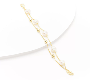 Honora Cultured Pearl & Polished Bead 2-Row Bracelet, 18K Y Sterling Silvert, Size 8"