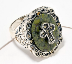 Connemara Marble Sterling Silver Ring w/ Marcasite Accents Celtic Cross Size 7
