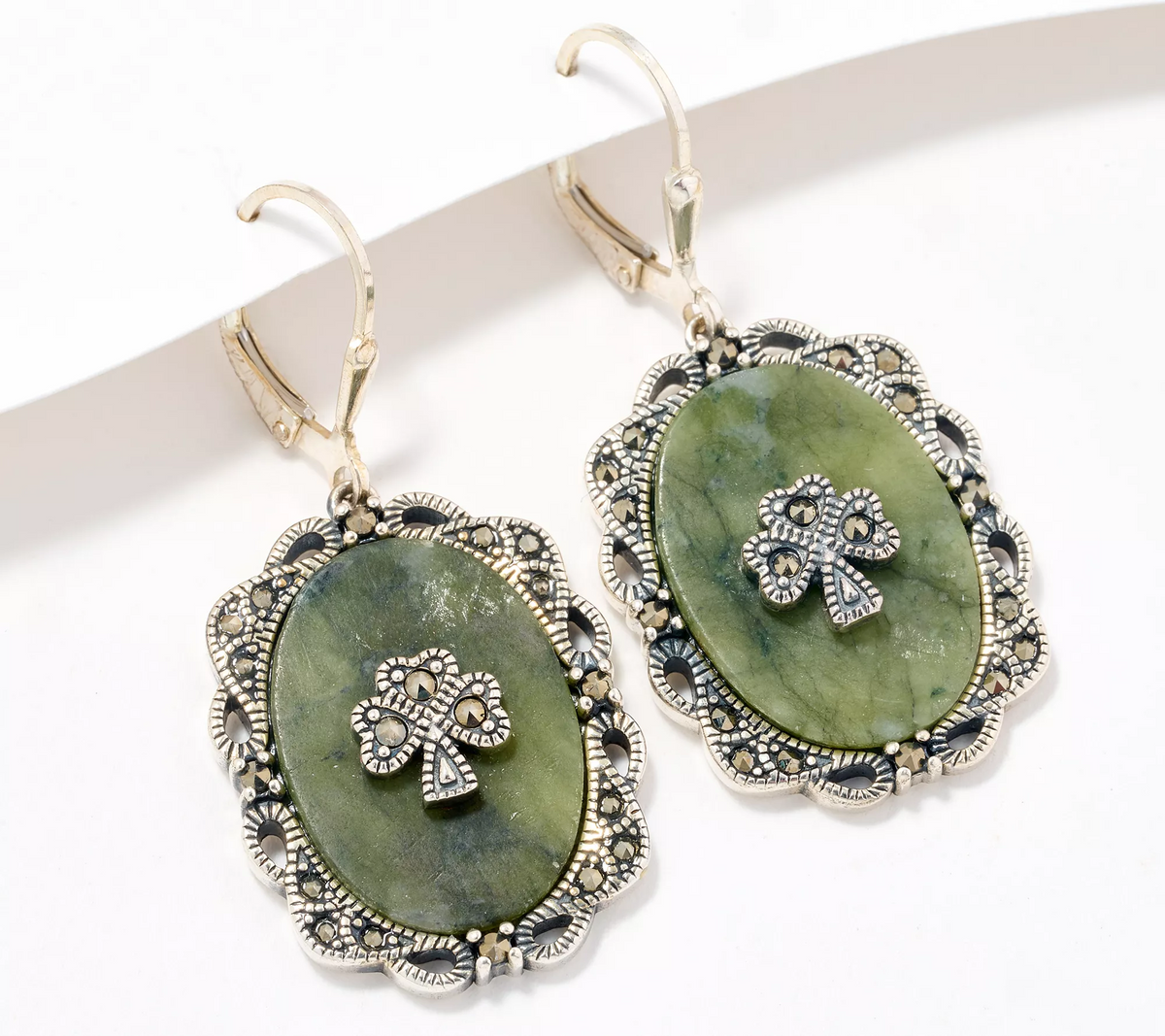 Connemara Marble Sterling Silver Shamrock Earrings w/ Marcasite Accents
