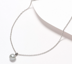 Honora Oval Rolo Link Cultured Button Grey Pearl Solitaire Stainless Steel Necklace