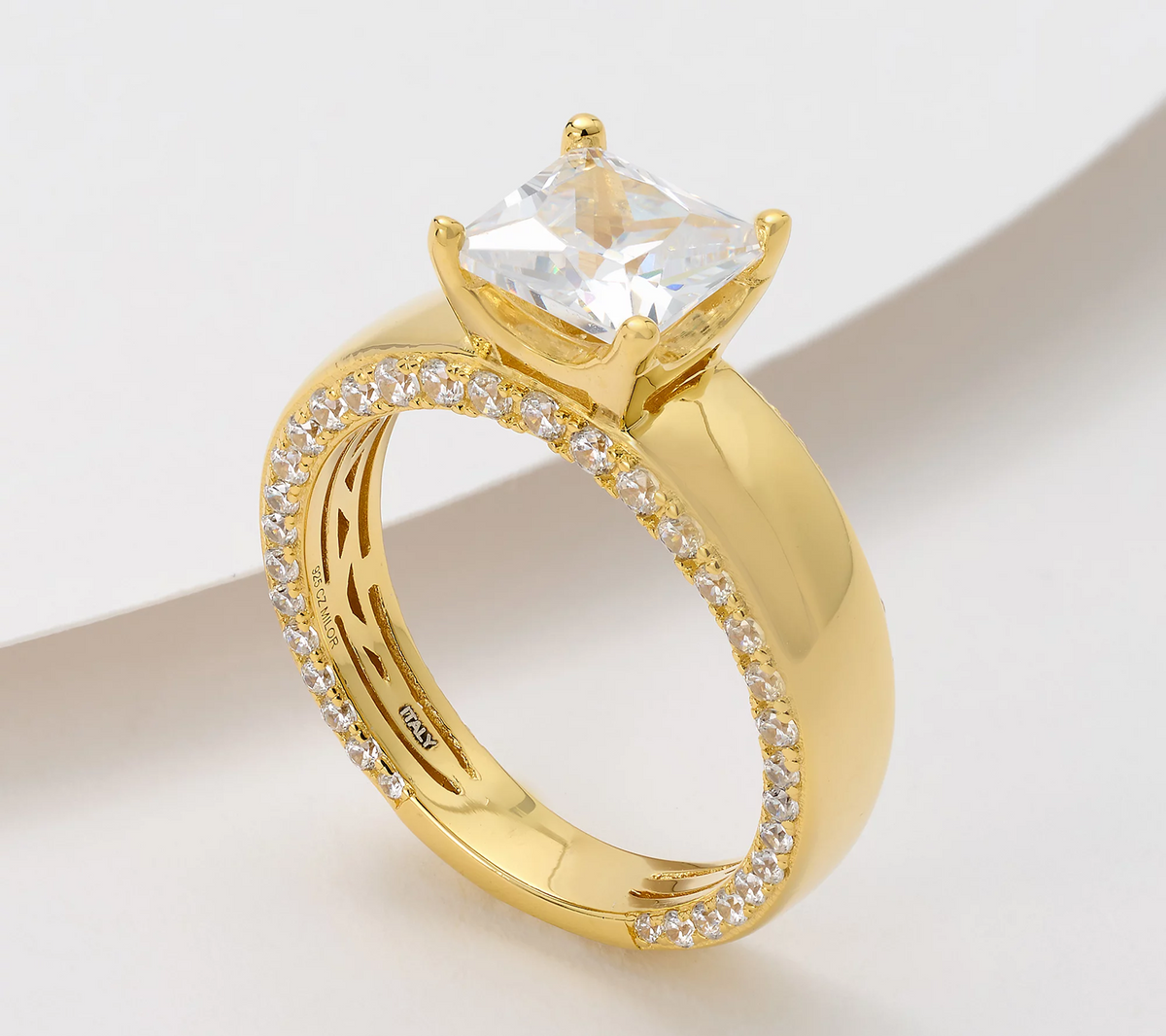 Diamonique Italia Gold Clad Sterling Silver Side Profile Princess Cut Ring Size 7