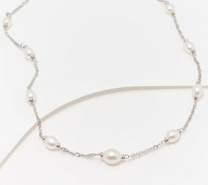 Honora Cultured Pearl Graduated Station 18" Singapore Sterling Silver Chain Necklace