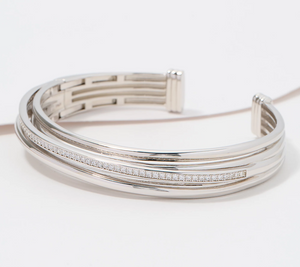 Diamonique Italia Sterling Silver Hinged Cuff Bangle, Large