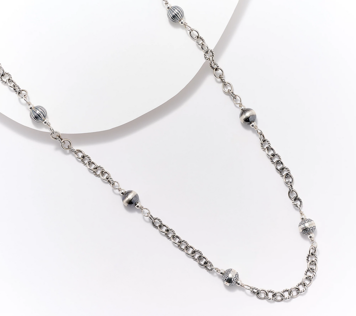 American West Sterling Silver Bead & Textured Oval 24" Necklace