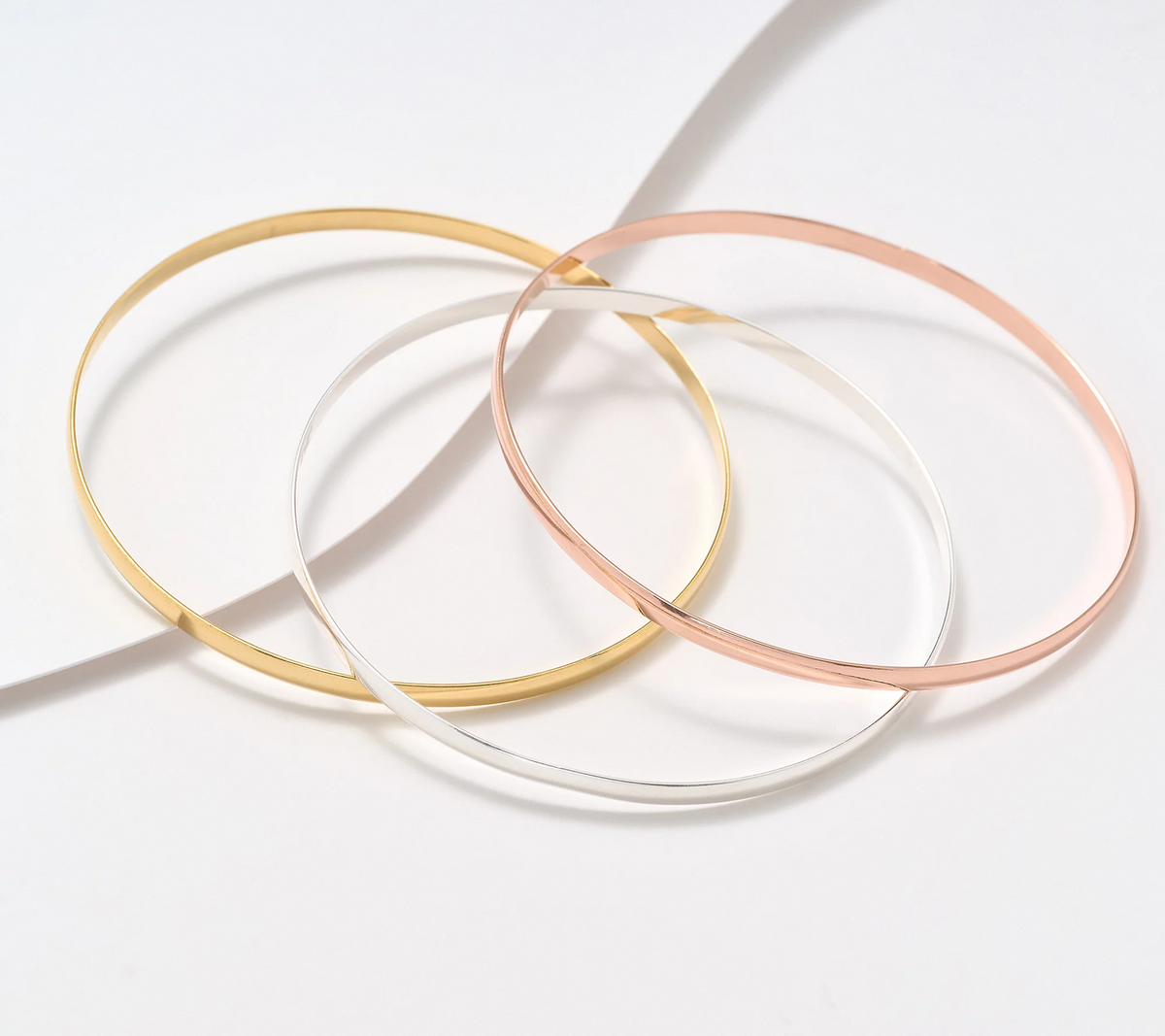 UltraFine 950 Silver Set of 3 Tri Tone Sil/Gold/Rose Polished Bangles Avg