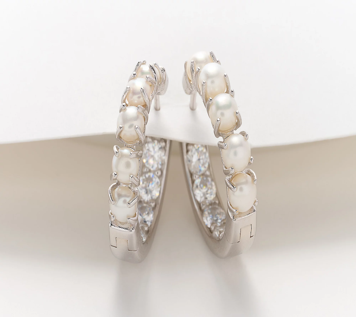 Honora Cultured Pearl & CZ Rhodium-plated Sterling Silver Inside Out Hoops