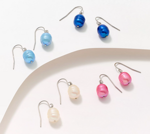 Honora Cultured Pearls Color Boxed Set of 4 Wire Drop Stainless Steel Earrings