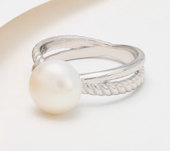 Honora Polished & Ribbed Crossed Band Cultured Sterling Silver Pearl Ring, Size 7