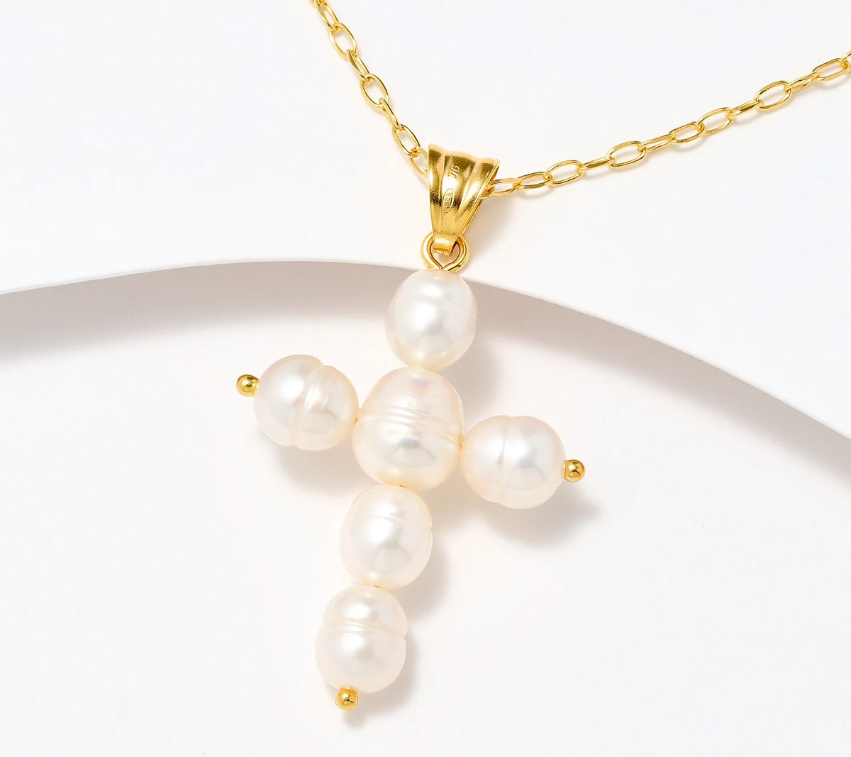 Honora Ringed Cultured Pearl Cross Pendant 18" Gold Clad Sterling Silver Necklace