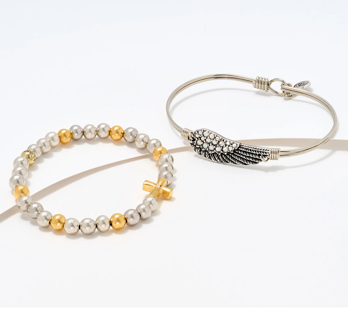 Luca & Danni Set of 2 Wire and Bead Angel Silver Tone Bracelets with Box Avg