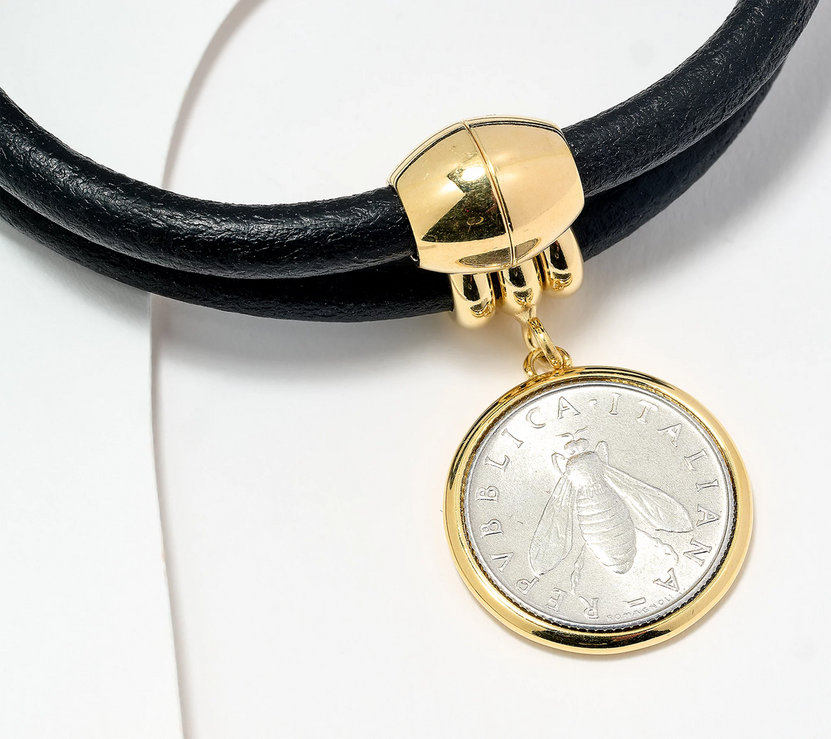 David Markstein Sterling Silver Coin & Leather 18K Gold-Clad Bracelet/Necklace – Large