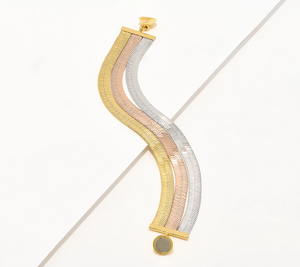 David Markstein Tri Tone Golden/Silver/Rose Bronze 3-Row Flexible Herringbone Bracelet Avg