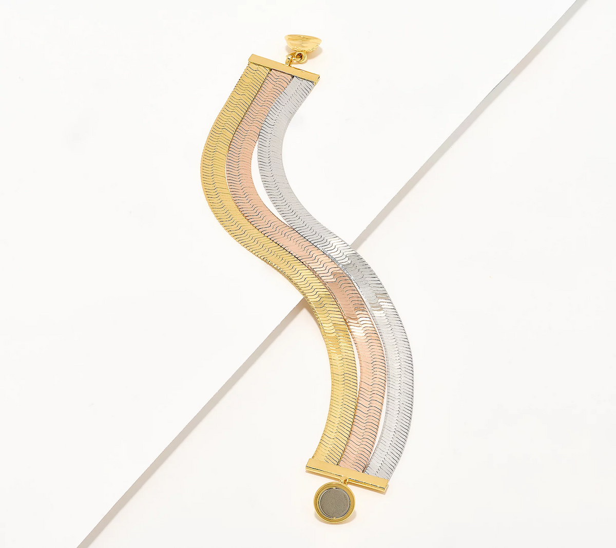 David Markstein Tri Tone Golden/Silver/Rose Bronze 3-Row Flexible Herringbone Bracelet Avg