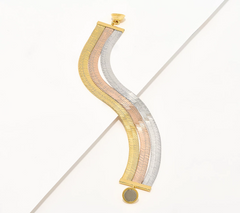 David Markstein Tri Tone Golden/Silver/Rose Bronze 3-Row Flexible Herringbone Bracelet Avg