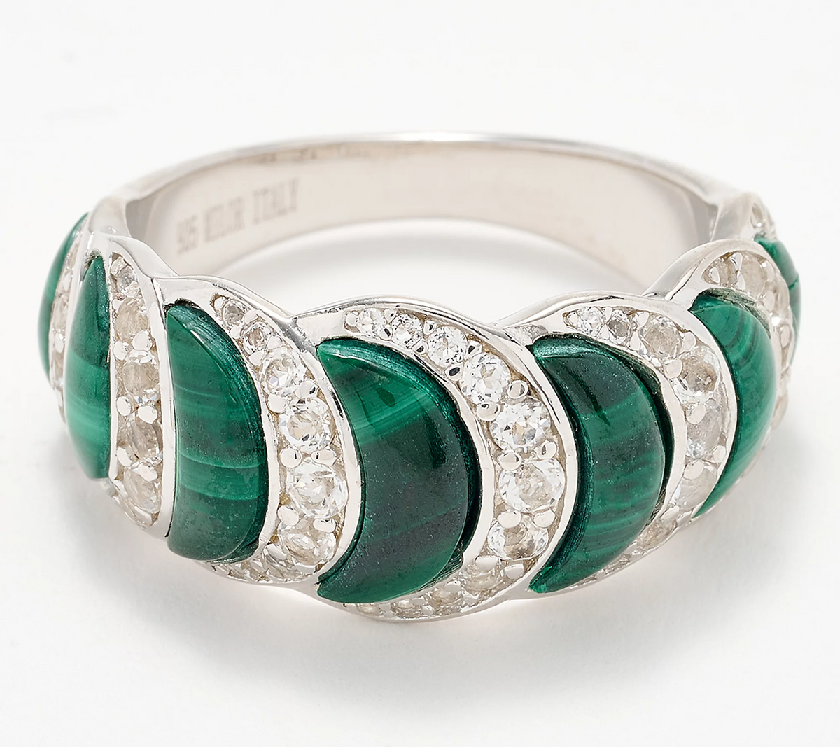David Markstein Sterling Silver Malachite/White Topaz Band Ring Size 6