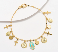 David Markstein Sterling Silver Gold Tone Heart & Cross Charm Bracelet Small Avg