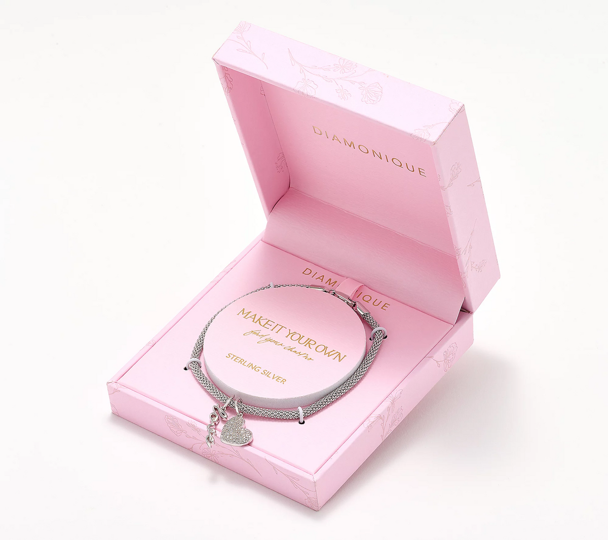 Diamonique Sterling Silver "Heart" Motif Charm Bracelet Avg
